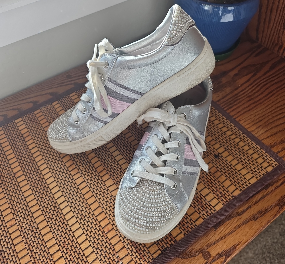 LA Skechers Silver Street Rhinestone Accent Sneakers with Pink and Gray Stripes